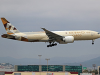 A Boeing 777-FFX of Etihad Cargo lands at Barcelona El Prat airport in Barcelona, Spain, on October 15, 2024. (