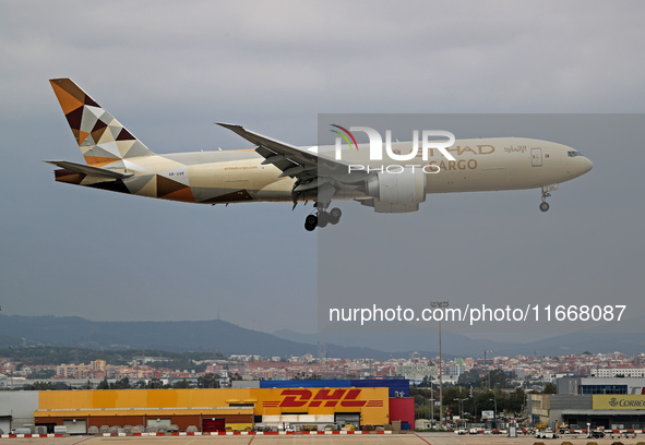 A Boeing 777-FFX of Etihad Cargo lands at Barcelona El Prat airport in Barcelona, Spain, on October 15, 2024. 