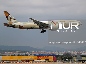 A Boeing 777-FFX of Etihad Cargo lands at Barcelona El Prat airport in Barcelona, Spain, on October 15, 2024. (