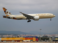 A Boeing 777-FFX of Etihad Cargo lands at Barcelona El Prat airport in Barcelona, Spain, on October 15, 2024. (