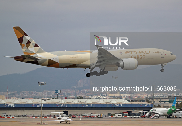 A Boeing 777-FFX of Etihad Cargo lands at Barcelona El Prat airport in Barcelona, Spain, on October 15, 2024. 