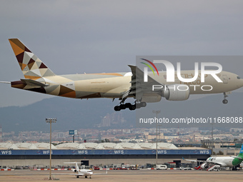 A Boeing 777-FFX of Etihad Cargo lands at Barcelona El Prat airport in Barcelona, Spain, on October 15, 2024. (