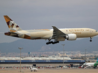 A Boeing 777-FFX of Etihad Cargo lands at Barcelona El Prat airport in Barcelona, Spain, on October 15, 2024. (