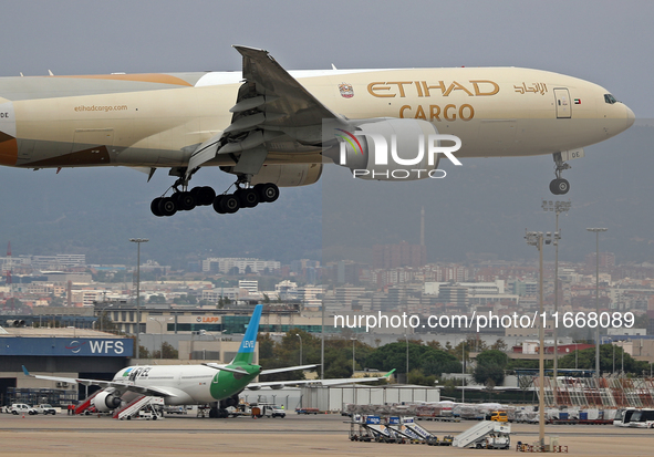 A Boeing 777-FFX of Etihad Cargo lands at Barcelona El Prat airport in Barcelona, Spain, on October 15, 2024. 