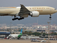 A Boeing 777-FFX of Etihad Cargo lands at Barcelona El Prat airport in Barcelona, Spain, on October 15, 2024. (