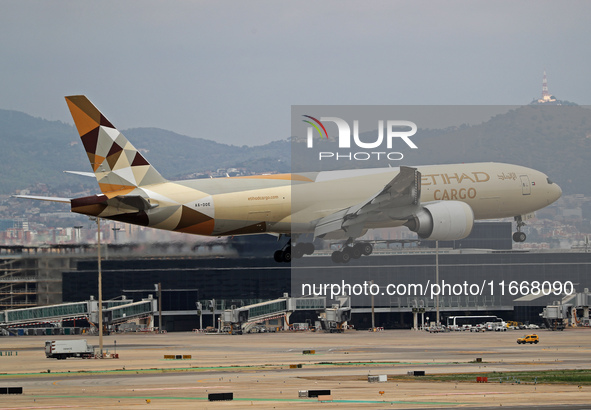 A Boeing 777-FFX of Etihad Cargo lands at Barcelona El Prat airport in Barcelona, Spain, on October 15, 2024. 