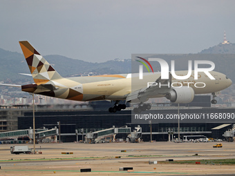 A Boeing 777-FFX of Etihad Cargo lands at Barcelona El Prat airport in Barcelona, Spain, on October 15, 2024. (