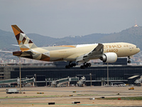 A Boeing 777-FFX of Etihad Cargo lands at Barcelona El Prat airport in Barcelona, Spain, on October 15, 2024. (