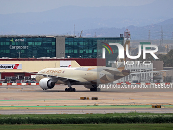 A Boeing 777-FFX of Etihad Cargo heads to the parking area of Barcelona airport to unload in Barcelona, Spain, on October 15, 2024. (