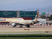 A Boeing 777-FFX of Etihad Cargo heads to the parking area of Barcelona airport to unload in Barcelona, Spain, on October 15, 2024. (