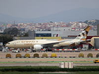 A Boeing 777-FFX of Etihad Cargo parks in the parking area of Barcelona airport to unload, in Barcelona, Spain, on October 15, 2024. (