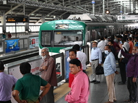 Passengers are able to board the metro rail from the Mirpur-10 station in Dhaka, Bangladesh, on October 15, 2024. The Dhaka Mirpur-10 metro...