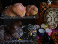 A view of Pan de Muerto in front of an offering in Mexico City, Mexico, on the eve of the Day of the Dead. According to historical documents...