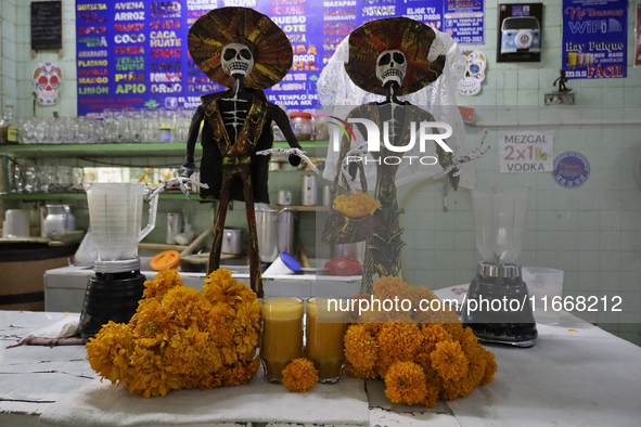 View of skulls and pulque with Cempasuchil flower petals in Mexico City, Mexico, on the eve of the Day of the Dead. Pulque is an alcoholic b...