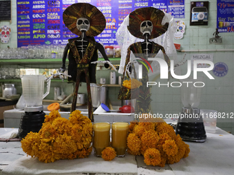 View of skulls and pulque with Cempasuchil flower petals in Mexico City, Mexico, on the eve of the Day of the Dead. Pulque is an alcoholic b...