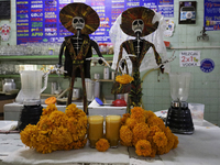 View of skulls and pulque with Cempasuchil flower petals in Mexico City, Mexico, on the eve of the Day of the Dead. Pulque is an alcoholic b...