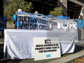 Singer Sarah Connor lies in a mini-aquarium and protests with Peta activists in front of a Tui travel agency for the release of orca whales...