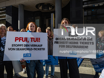 Singer Sarah Connor lies in a mini-aquarium and protests with Peta activists in front of a Tui travel agency for the release of orca whales...