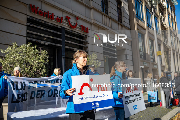 Singer Sarah Connor lies in a mini-aquarium and protests with Peta activists in front of a Tui travel agency for the release of orca whales...