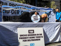 Singer Sarah Connor lies in a mini-aquarium and protests with Peta activists in front of a Tui travel agency for the release of orca whales...