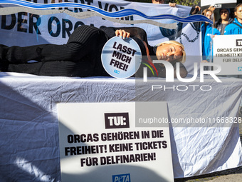 Singer Sarah Connor lies in a mini-aquarium and protests with Peta activists in front of a Tui travel agency for the release of orca whales...