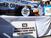 Singer Sarah Connor lies in a mini-aquarium and protests with Peta activists in front of a Tui travel agency for the release of orca whales...