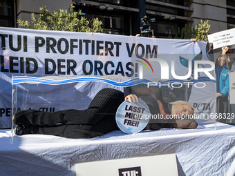 Singer Sarah Connor lies in a mini-aquarium and protests with Peta activists in front of a Tui travel agency for the release of orca whales...