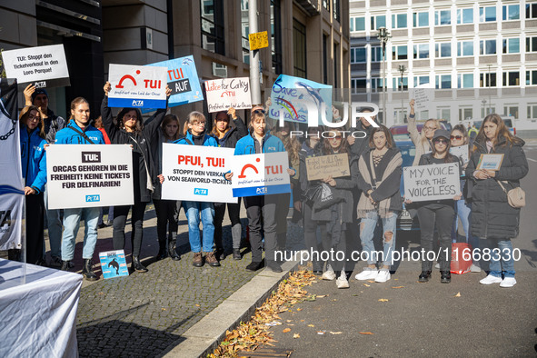 Singer Sarah Connor lies in a mini-aquarium and protests with Peta activists in front of a Tui travel agency for the release of orca whales...