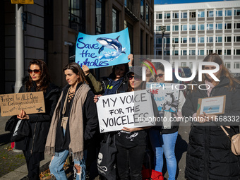 Singer Sarah Connor lies in a mini-aquarium and protests with Peta activists in front of a Tui travel agency for the release of orca whales...