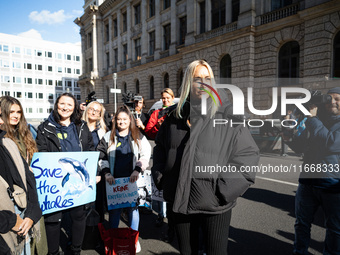 Singer Sarah Connor lies in a mini-aquarium and protests with Peta activists in front of a Tui travel agency for the release of orca whales...