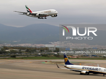 An Emirates Airbus A380-861 lands at Barcelona El Prat Airport in Barcelona, Spain, on October 15, 2024. (