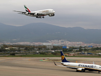 An Emirates Airbus A380-861 lands at Barcelona El Prat Airport in Barcelona, Spain, on October 15, 2024. (