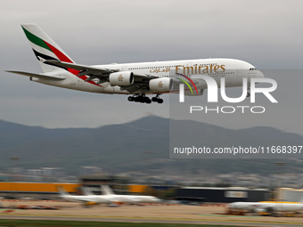 An Emirates Airbus A380-861 lands at Barcelona El Prat Airport in Barcelona, Spain, on October 15, 2024. (