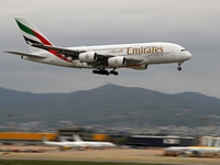 An Emirates Airbus A380-861 lands at Barcelona El Prat Airport in Barcelona, Spain, on October 15, 2024. (