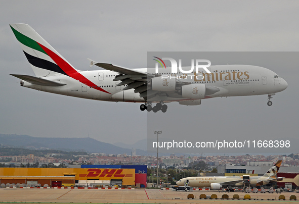 An Emirates Airbus A380-861 lands at Barcelona El Prat Airport in Barcelona, Spain, on October 15, 2024. 