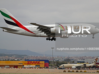 An Emirates Airbus A380-861 lands at Barcelona El Prat Airport in Barcelona, Spain, on October 15, 2024. (