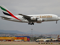 An Emirates Airbus A380-861 lands at Barcelona El Prat Airport in Barcelona, Spain, on October 15, 2024. (