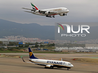 An Emirates Airbus A380-861 lands at Barcelona El Prat Airport in Barcelona, Spain, on October 15, 2024. (