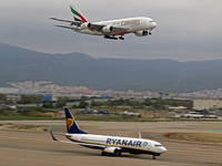 An Emirates Airbus A380-861 lands at Barcelona El Prat Airport in Barcelona, Spain, on October 15, 2024. (