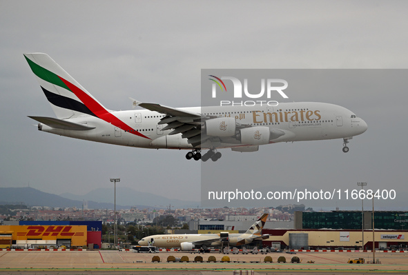 An Emirates Airbus A380-861 lands at Barcelona El Prat Airport in Barcelona, Spain, on October 15, 2024. 