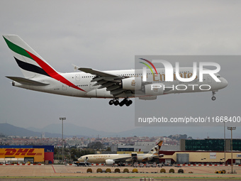 An Emirates Airbus A380-861 lands at Barcelona El Prat Airport in Barcelona, Spain, on October 15, 2024. (