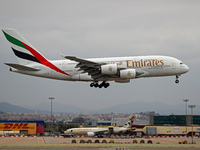 An Emirates Airbus A380-861 lands at Barcelona El Prat Airport in Barcelona, Spain, on October 15, 2024. (