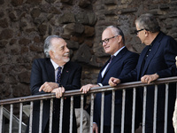 US director Francis Ford Coppola, flanked by Rome's mayor Roberto Gualtieri, admires the view from a balcony of the Capitole Palace overlook...