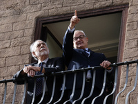 US director Francis Ford Coppola, flanked by Rome's mayor Roberto Gualtieri, admires the view from a balcony of the Capitole Palace overlook...