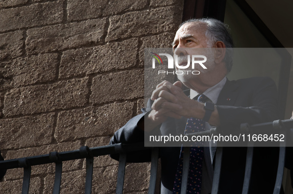 US director Francis Ford Coppola admires the view from a balcony of the Capitole Palace overlooking the Roman Forum during the 19th Rome Fil...