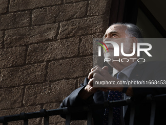 US director Francis Ford Coppola admires the view from a balcony of the Capitole Palace overlooking the Roman Forum during the 19th Rome Fil...