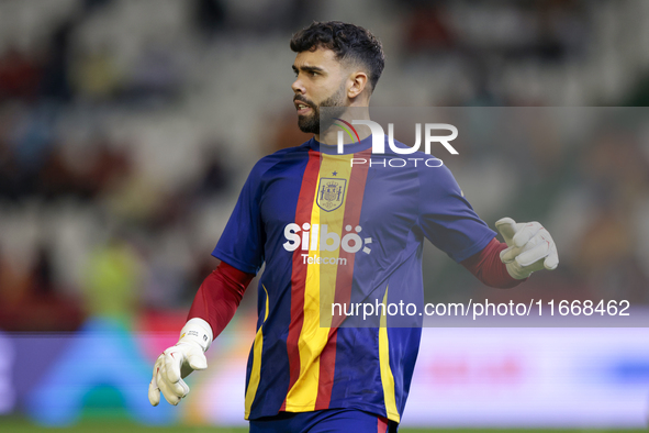 David Raya of Spain is in action during the UEFA Nations League 2024/25 League A Group A4 match between Spain and Serbia at Nuevo Arcangel i...