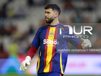 David Raya of Spain is in action during the UEFA Nations League 2024/25 League A Group A4 match between Spain and Serbia at Nuevo Arcangel i...