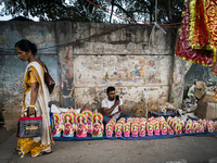 Lakshmi idols are displayed for sale on the eve of the Lakshmi Puja festival in Guwahati, India, on October 15, 2024. Laxmi is one of the mo...