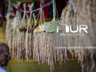 A vendor sells decorative paddy bunches on the eve of the Lakshmi Puja festival in Guwahati, India, on October 15, 2024. Lakshmi is one of t...